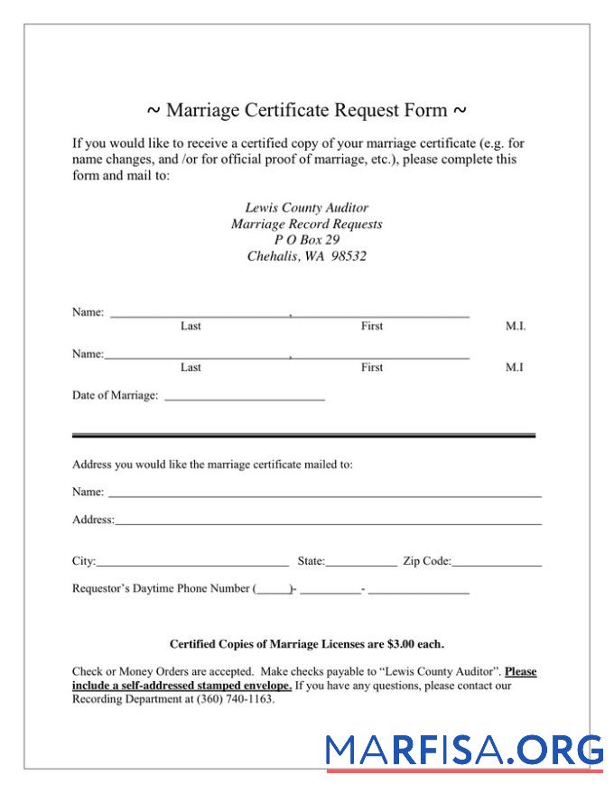 Blank USA Chehalis county marriage certificate example